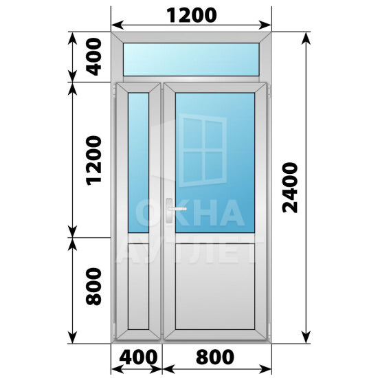 Алюминиевая межкомнатная полуторная дверь со стеклом и фрамугой 1200×2400 ОА-64777
