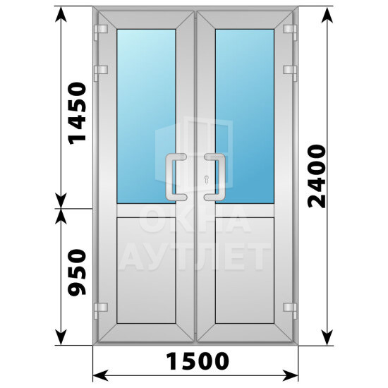 Алюминиевая входная двухстворчатая дверь со стеклом 1500×2400 ОА-64024