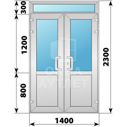 Алюминиевая входная двухстворчатая дверь со стеклом и фрамугой 1400×2300 ОА-63820