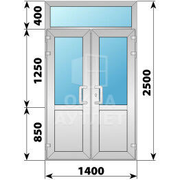 Алюминиевая входная двухстворчатая дверь со стеклом и фрамугой 1400×2500 ОА-64285