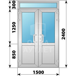 Алюминиевая входная двухстворчатая дверь со стеклом и фрамугой 1500×2400 ОА-66292