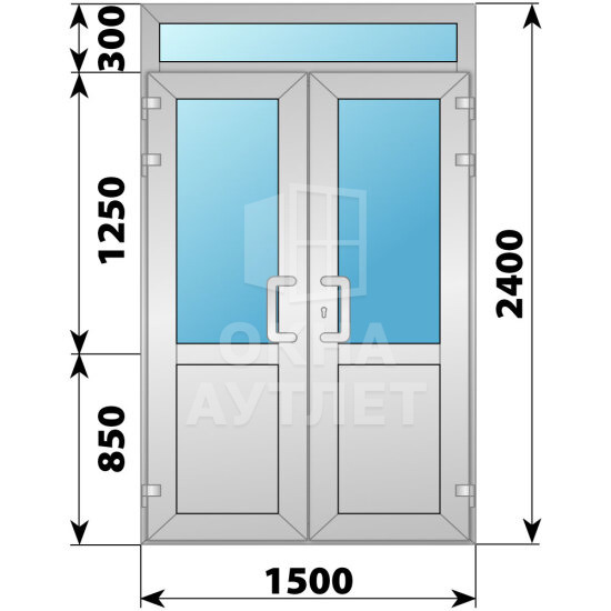 Алюминиевая входная двухстворчатая дверь со стеклом и фрамугой 1500×2400 ОА-66292