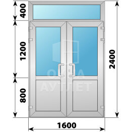 Алюминиевая входная двухстворчатая дверь со стеклом и фрамугой 1600×2400 ОА-66343