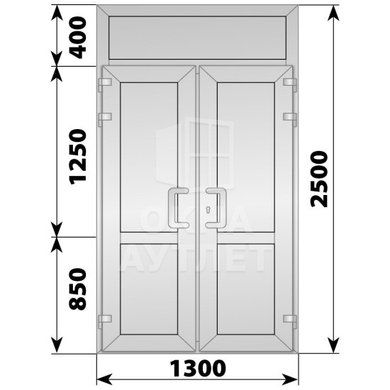 Алюминиевая входная двухстворчатая глухая дверь с фрамугой 1300×2500 ОА-66241