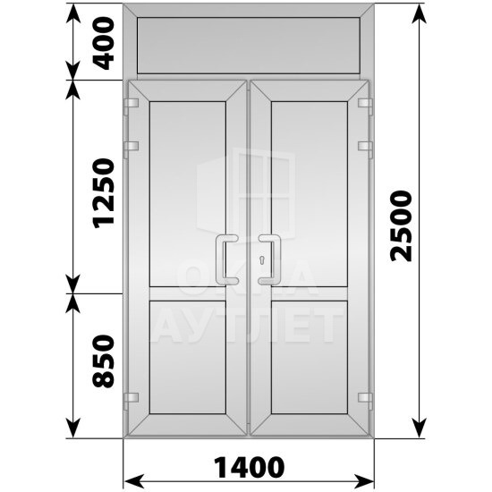 Алюминиевая входная двухстворчатая глухая дверь с фрамугой 1400×2500 ОА-66295
