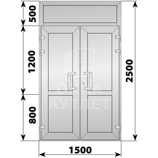 Алюминиевая входная двухстворчатая глухая дверь с фрамугой 1500×2500 ОА-66346