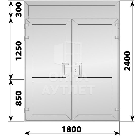 Алюминиевая входная двухстворчатая глухая дверь с фрамугой 1800×2400 ОА-66400
