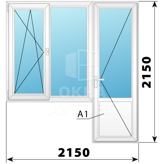 Балконный блок с дверью и глухой поворотно-откидной створками 2150×2150 №3 ОА-33060