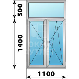 Двухстворчатое алюминиевое окно с глухой фрамугой 1100×1900 П-ПО ОА-51755