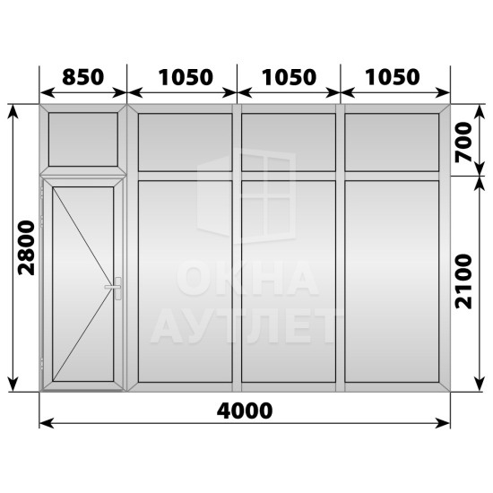 Глухая алюминиевая перегородка с дверью 4000×2800 ОА-68320