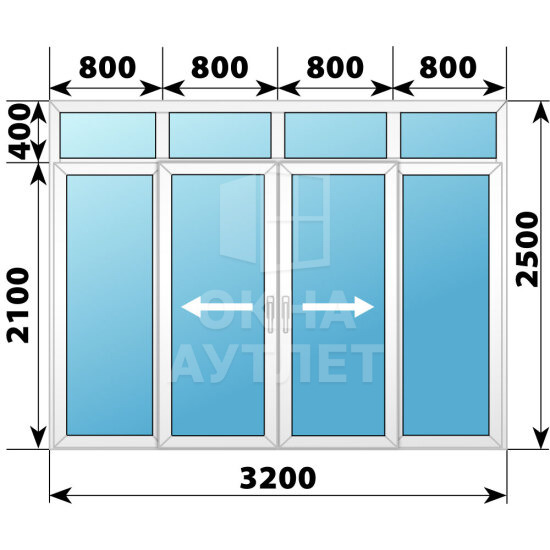 Пластиковая раздвижная дверь с фрамугой 3200×2500 4С1 ОА-56299