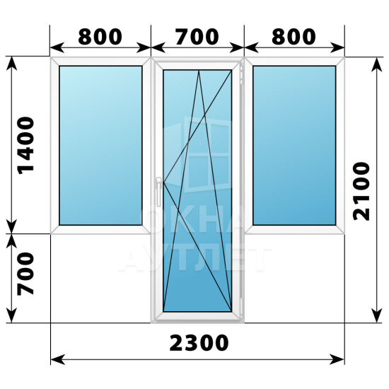 Пластиковый Т-образный балконный блок 2300×2100 Тип 3 ОА-56080