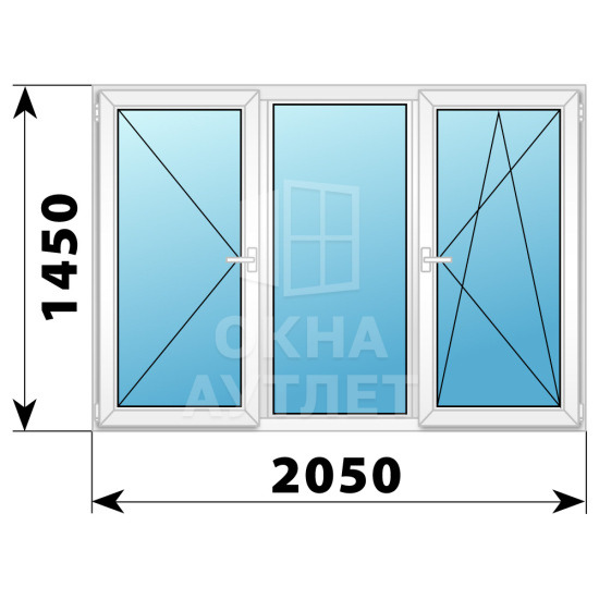 Трехстворчатое пластиковое окно ПВХ 2050×1450 №6 ОА-32703