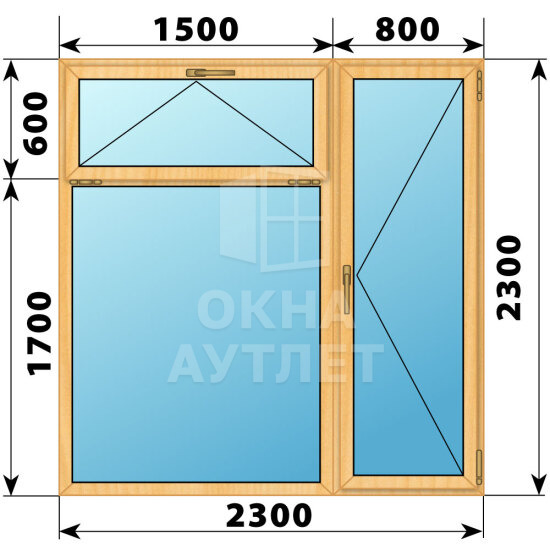 Прямоугольный балконный блок из сосны с фрамугой 2300×2300 ОА-52967