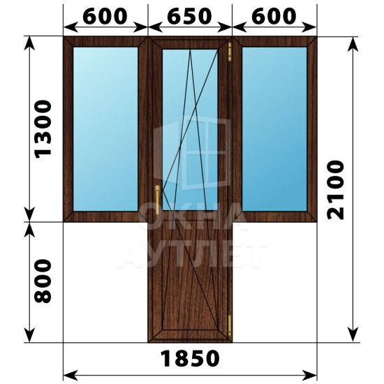 Т-образный балконный блок из дуба 1850×2100 Тип 1 ОА-53066
