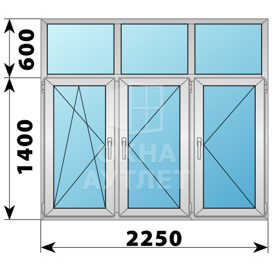 Трехстворчатое алюминиевое окно с глухой фрамугой 2250×2000 ПО-П-П ОА-52196