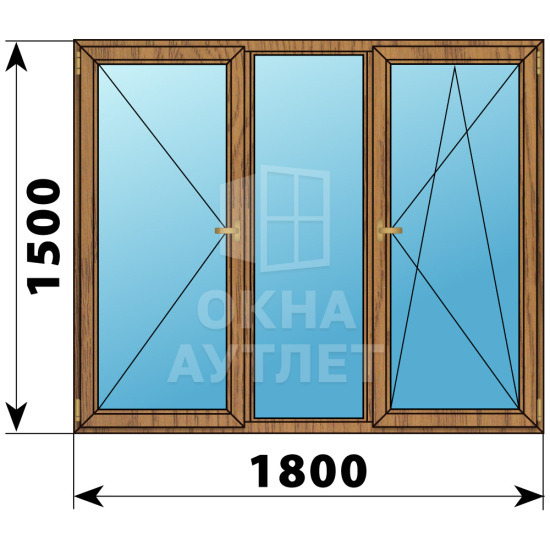 Трехстворчатое окно из лиственницы 1800×1500 П-Г-ПО ОА-37295