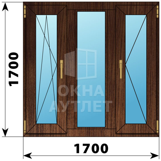 Трехстворчатое окно из дуба 1700×1700 ПO-Г-П ОА-51170