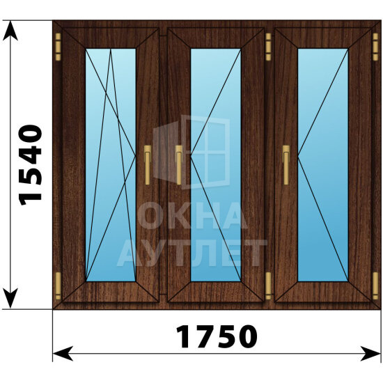 Трехстворчатое окно из дуба 1750×1540 ПO-П-П ОА-48516