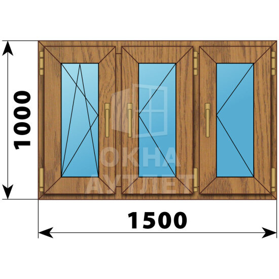 Трехстворчатое окно из лиственницы 1500×1000 ПO-П-П ОА-46674