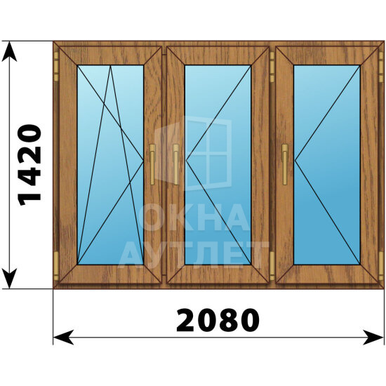 Трехстворчатое окно из лиственницы 2080×1420 ПO-П-П ОА-48129