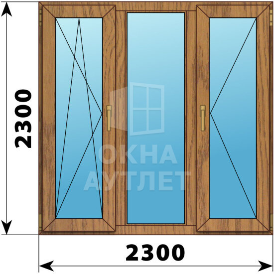 Трехстворчатое окно из лиственницы 2300×2300 ПO-Г-П ОА-48450