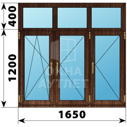 Трехстворчатое окно с глухой фрамугой из дуба 1650×1600 ПО-П-П ОА-51434