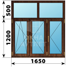 Трехстворчатое окно с глухой фрамугой из дуба 1650×1700 ПО-П-П ОА-51413