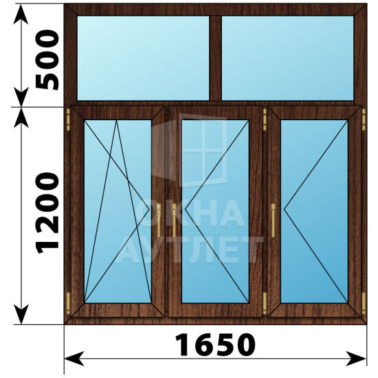 Трехстворчатое окно с глухой фрамугой из дуба 1650×1700 ПО-П-П ОА-51413