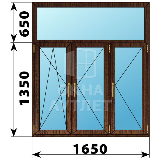 Трехстворчатое окно с глухой фрамугой из дуба 1650×2000 ПО-П-П ОА-48687
