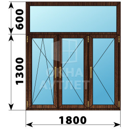 Трехстворчатое окно с глухой фрамугой из дуба 1800×1900 ПО-П-П ОА-51401