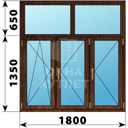 Трехстворчатое окно с глухой фрамугой из дуба 1800×2000 ПО-П-П ОА-48833