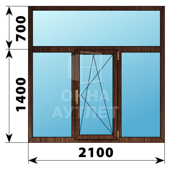 Трехстворчатое окно с глухой фрамугой из дуба 2100×2100 Г-ПО-Г ОА-48561