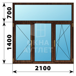 Трехстворчатое окно с глухой фрамугой из дуба 2100×2100 П-Г-ПО ОА-43974
