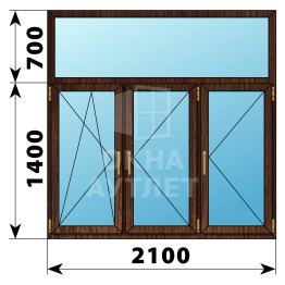 Трехстворчатое окно с глухой фрамугой из дуба 2100×2100 ПО-П-П ОА-48989