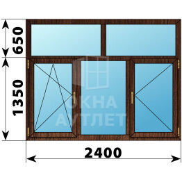 Трехстворчатое окно с глухой фрамугой из дуба 2400×2000 ПО-Г-П ОА-48863
