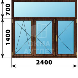Трехстворчатое окно с глухой фрамугой из дуба 2400×2100 ПО-П-П ОА-49049