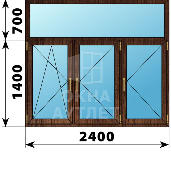 Трехстворчатое окно с глухой фрамугой из дуба 2400×2100 ПО-П-П ОА-49049