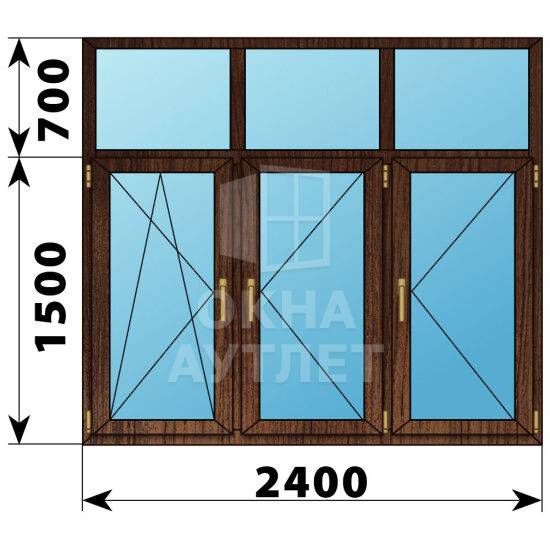 Трехстворчатое окно с глухой фрамугой из дуба 2400×2200 ПО-П-П ОА-44007