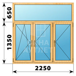 Трехстворчатое окно с глухой фрамугой из сосны 2250×2000 ПО-П-П ОА-43090