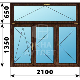 Трехстворчатое окно с откидной фрамугой из дуба 2100×2000 ПО-П-П ОА-48910