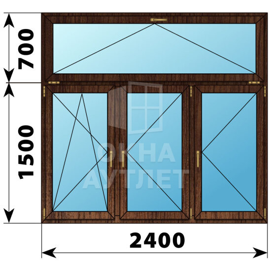 Трехстворчатое окно с откидной фрамугой из дуба 2400×2200 ПО-П-П ОА-49046