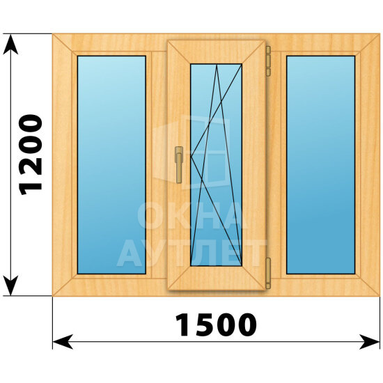 Трехстворчатое окно из сосны 1500×1200 Г-ПО-Г ОА-42217