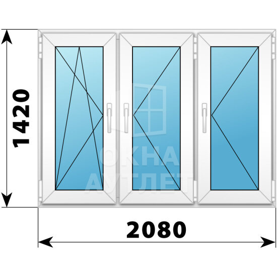 Трехстворчатое пластиковое окно 2080×1420 ПO-П-П ОА-40888