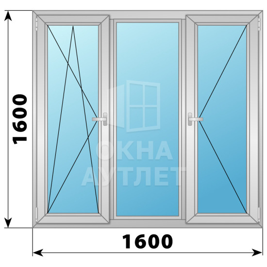 Трехстворчатое поворотно-откидное алюминиевое окно ПО-Г-П 1600×1600 ОА-34403
