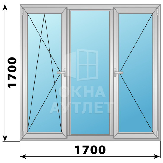 Трехстворчатое поворотно-откидное алюминиевое окно ПО-Г-П 1700×1700 ОА-34457