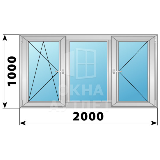 Трехстворчатое поворотно-откидное алюминиевое окно ПО-Г-П 2000×1000 ОА-34310