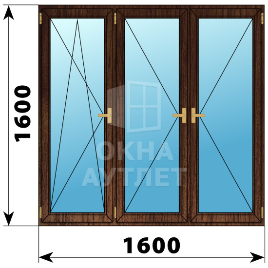 Трехстворчатое деревянное окно из дуба ПО-П-П 1600×1600 ОА-37892
