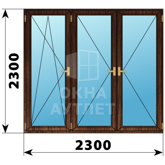 Трехстворчатое деревянное окно из дуба ПО-П-П 2300×2300 ОА-37970