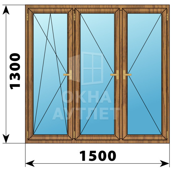 Трехстворчатое деревянное окно из лиственницы ПО-П-П 1500×1300 ОА-37196